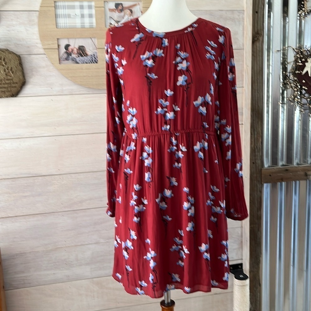 Loft Burgundy Blue Flowers Dress XS